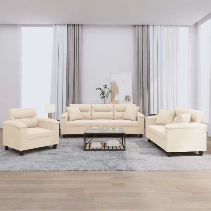 vidaXL Set Divani 3 pz con Cuscini Beige in Tessuto Microfibra vidaXL Set Divani 3 pz con Cuscini Beige in Tessuto Microfibra