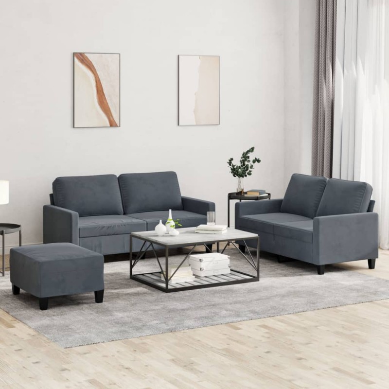 vidaXL Set di Divani 3 pz con Cuscini Grigio Scuro in Velluto vidaXL Set di Divani 3 pz con Cuscini Grigio Scuro in Velluto