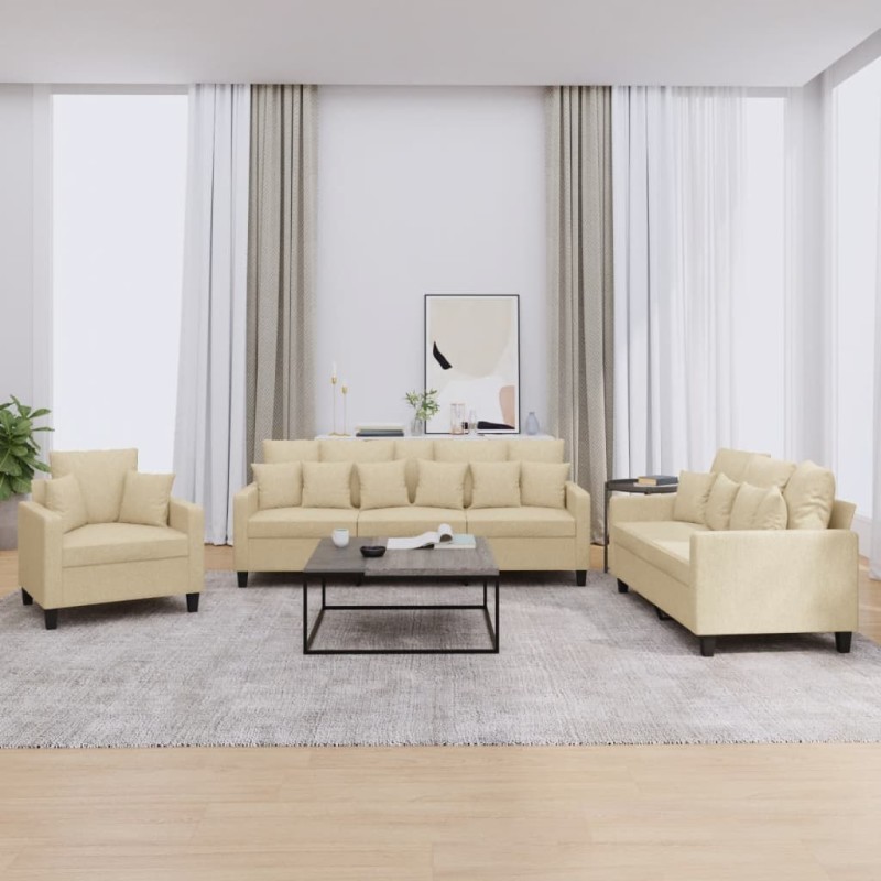 vidaXL Set Divani 3 pz con Cuscini Crema in Tessuto vidaXL Set Divani 3 pz con Cuscini Crema in Tessuto