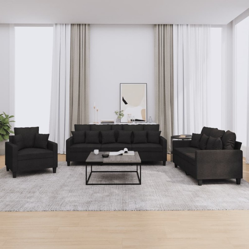 vidaXL Set Divani 3 pz con Cuscini Nero in Tessuto vidaXL Set Divani 3 pz con Cuscini Nero in Tessuto
