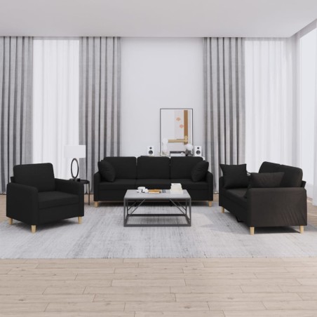vidaXL Set Divani 3 pz con Cuscini Nero in Tessuto