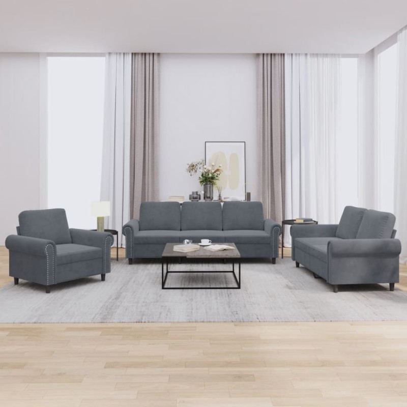 vidaXL Set di Divani 3 pz con Cuscini Grigio Scuro in Velluto vidaXL Set di Divani 3 pz con Cuscini Grigio Scuro in Velluto