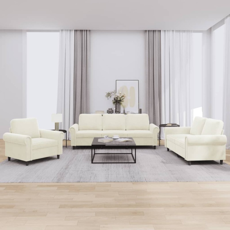 vidaXL Set di Divani 3 pz con Cuscini Crema in Velluto vidaXL Set di Divani 3 pz con Cuscini Crema in Velluto