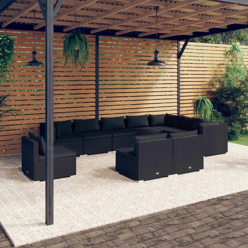 Set Divani da Giardino 10 pz con Cuscini in Polyrattan Nero Set Divani da Giardino 10 pz con Cuscini in Polyrattan Nero