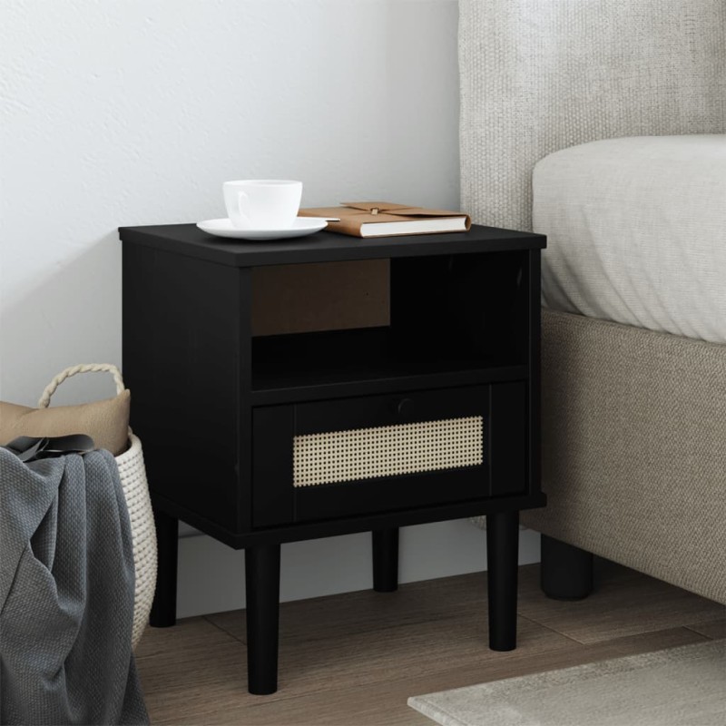 vidaXL Comodino SENJA Nero Aspetto Rattan 40x35x48 cm in Legno di Pino vidaXL Comodino SENJA Nero Aspetto Rattan 40x35x48 cm in Legno di Pino