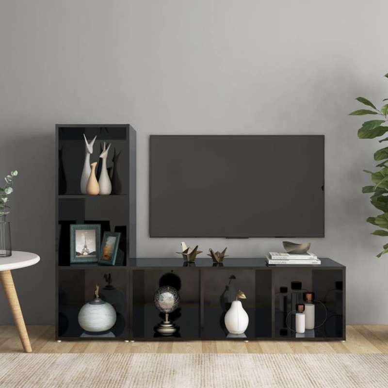 Mobili Porta TV 2 pz Nero Lucido 107x35x37 cm in Truciolato Mobili Porta TV 2 pz Nero Lucido 107x35x37 cm in Truciolato