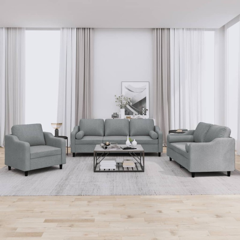 vidaXL Set Divani 3 pz con Cuscini Grigio Chiaro in Tessuto vidaXL Set Divani 3 pz con Cuscini Grigio Chiaro in Tessuto