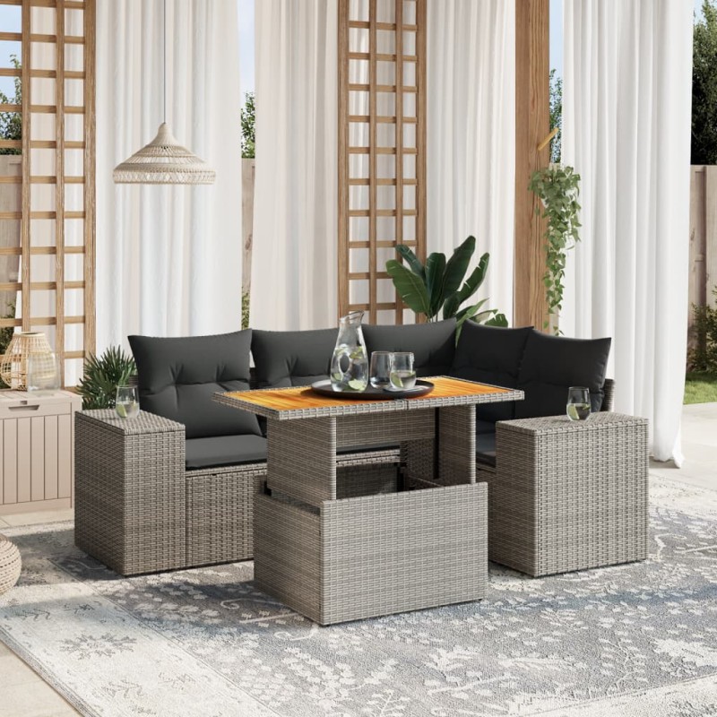 vidaXL Set Divano da Giardino 5 pz con Cuscini Grigio in Polyrattan vidaXL Set Divano da Giardino 5 pz con Cuscini Grigio in Polyrattan