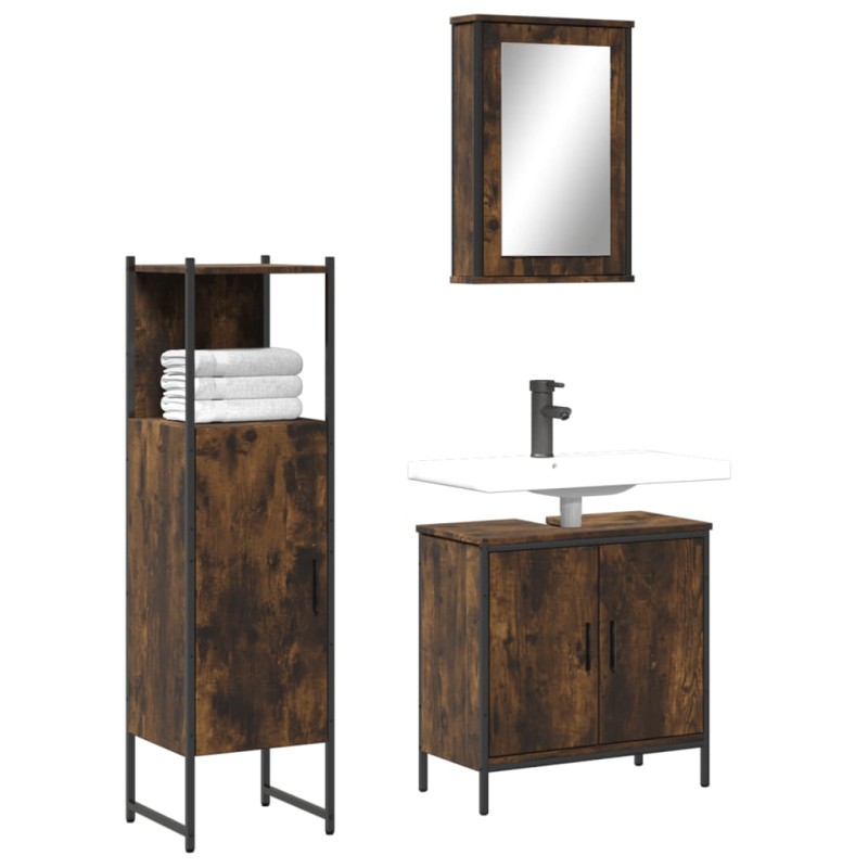 vidaXL Set Mobili da Bagno 3 pz Rovere Fumo in Legno Multistrato
