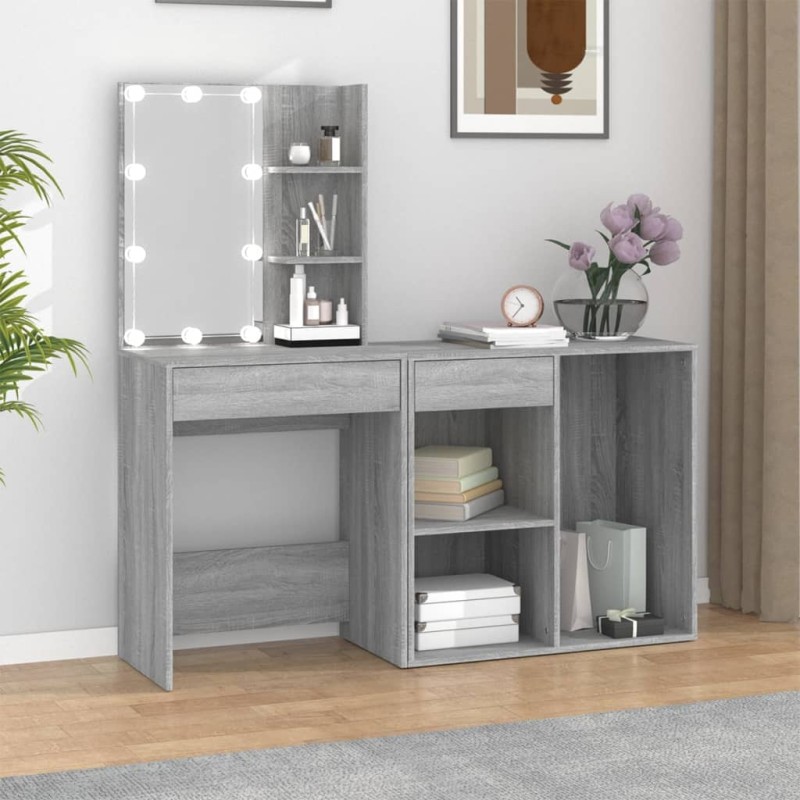 Toeletta con LED e Armadietto Grigio Sonoma Legno Multistrato Toeletta con LED e Armadietto Grigio Sonoma Legno Multistrato