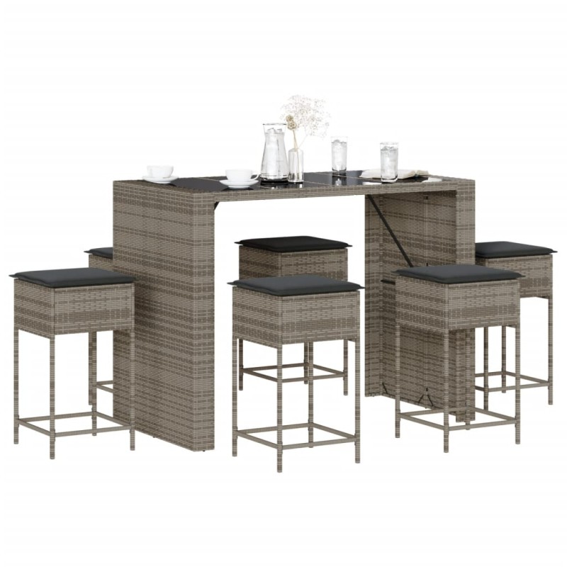 vidaXL Set Bar da Giardino 7 pz con Cuscini in Polyrattan Grigio vidaXL Set Bar da Giardino 7 pz con Cuscini in Polyrattan Grigio