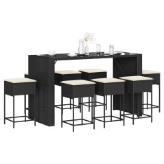vidaXL Set Bar da Giardino 9 pz con Cuscini in Polyrattan Nero