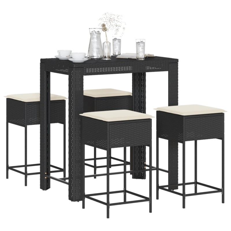 vidaXL Set Bar da Giardino 5 pz con Cuscini in Polyrattan Nero