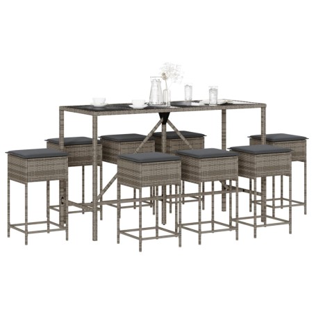 vidaXL Set Bar da Giardino 9 pz con Cuscini in Polyrattan Grigio