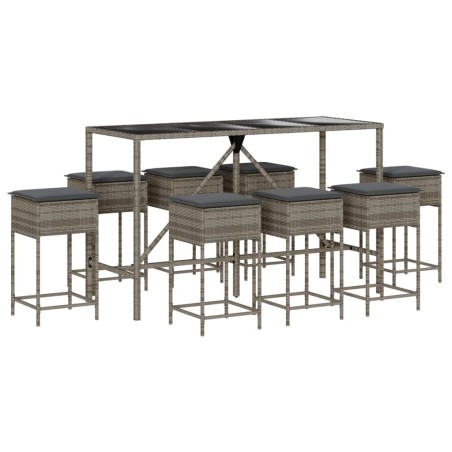 vidaXL Set Bar da Giardino 9 pz con Cuscini in Polyrattan Grigio
