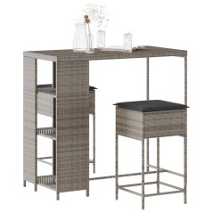 vidaXL Set Bar da Giardino 3pz con Cuscini Grigio in Polyrattan