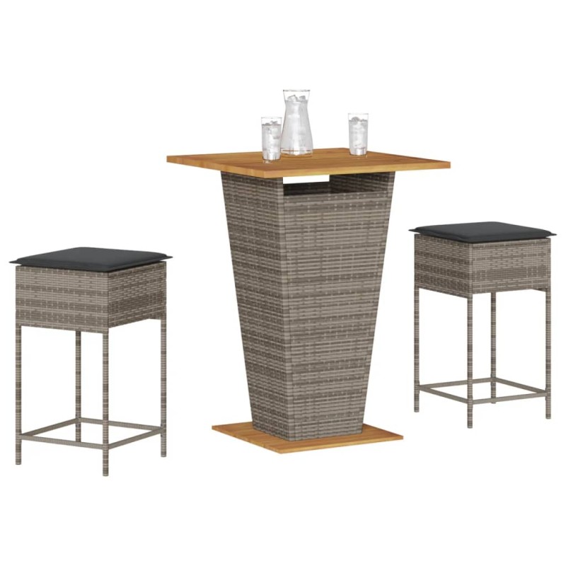vidaXL Set Bar da Giardino 3pz con Cuscini Grigio in Polyrattan vidaXL Set Bar da Giardino 3pz con Cuscini Grigio in Polyrattan
