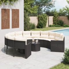 vidaXL Divano Giardino con Tavolo e Cuscini Circolare Nero Polyrattan