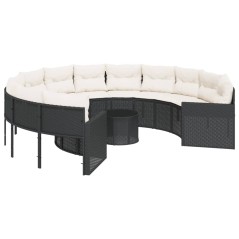 vidaXL Divano Giardino con Tavolo e Cuscini Circolare Nero Polyrattan