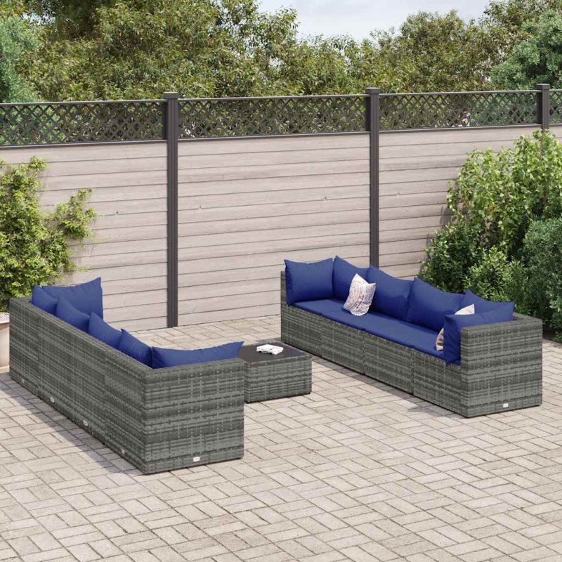 vidaXL Set Divani da Giardino 9 pz con Cuscini in Polyrattan Grigio vidaXL Set Divani da Giardino 9 pz con Cuscini in Polyrattan Grigio