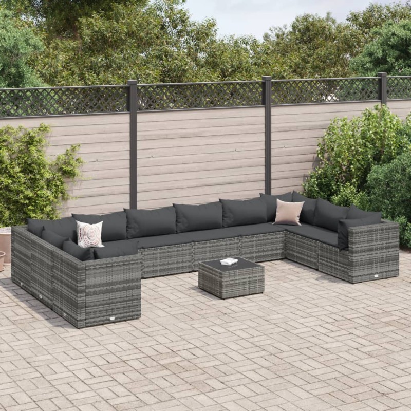 vidaXL Set Divani da Giardino 11 pz con Cuscini in Polyrattan Grigio vidaXL Set Divani da Giardino 11 pz con Cuscini in Polyrattan Grigio