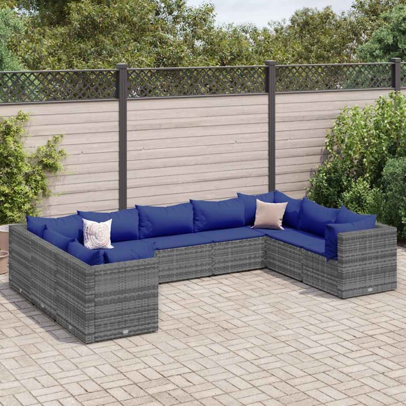 vidaXL Set Divani da Giardino 9 pz con Cuscini in Polyrattan Grigio vidaXL Set Divani da Giardino 9 pz con Cuscini in Polyrattan Grigio