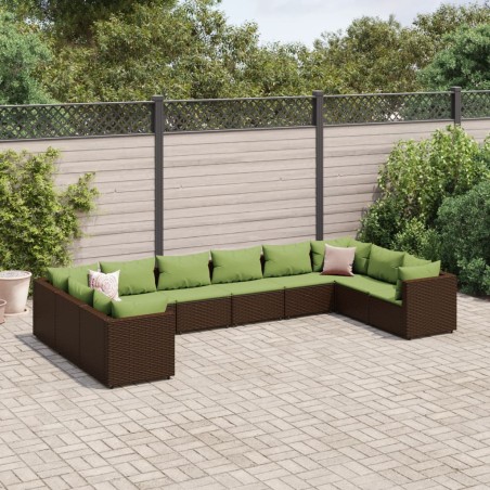 vidaXL Set Divani da Giardino 10 pz con Cuscini in Polyrattan Marrone
