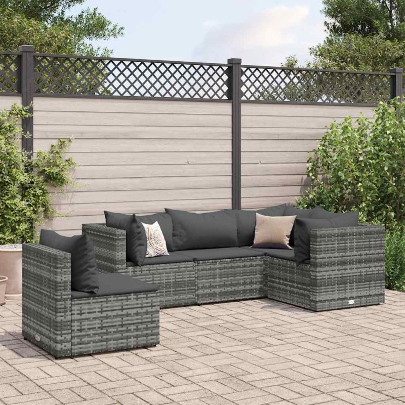 vidaXL Set Divani da Giardino 5 pz con Cuscini in Polyrattan Grigio vidaXL Set Divani da Giardino 5 pz con Cuscini in Polyrattan Grigio