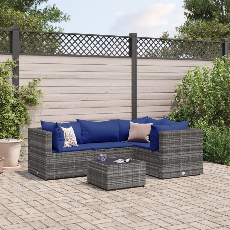 vidaXL Set Divani da Giardino 5 pz con Cuscini in Polyrattan Grigio vidaXL Set Divani da Giardino 5 pz con Cuscini in Polyrattan Grigio