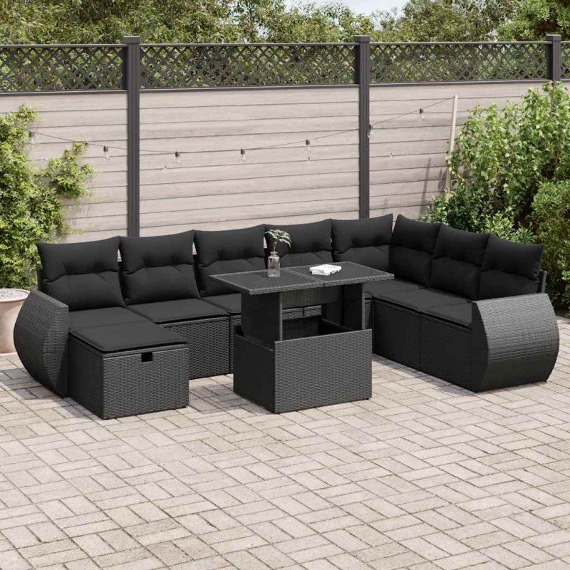 vidaXL Set Divani da Giardino 9 pz con Cuscini Nero in Polyrattan vidaXL Set Divani da Giardino 9 pz con Cuscini Nero in Polyrattan