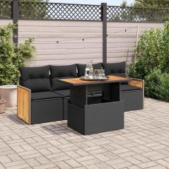vidaXL Set Divani da Giardino 5 pz con Cuscini Nero Polyrattan Acacia