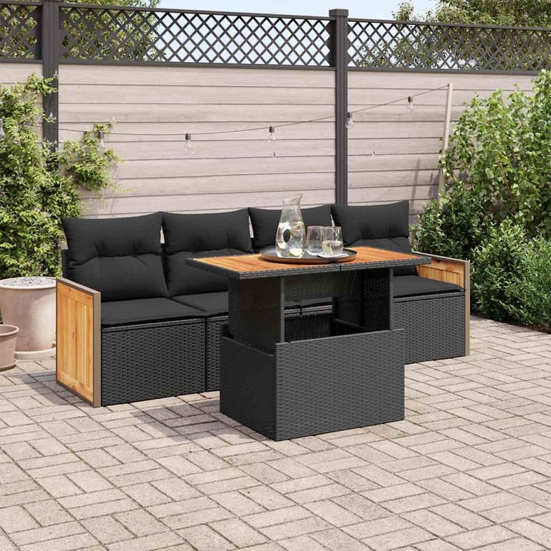 vidaXL Set Divani da Giardino 5 pz con Cuscini Nero Polyrattan Acacia vidaXL Set Divani da Giardino 5 pz con Cuscini Nero Polyrattan Acacia
