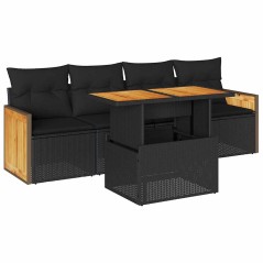 vidaXL Set Divani da Giardino 5 pz con Cuscini Nero Polyrattan Acacia