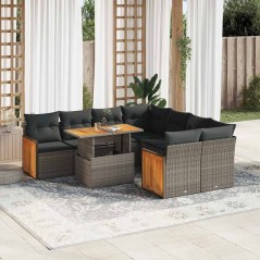 vidaXL Set Divano da Giardino 9pz con Cuscini Grigio Polyrattan Acacia