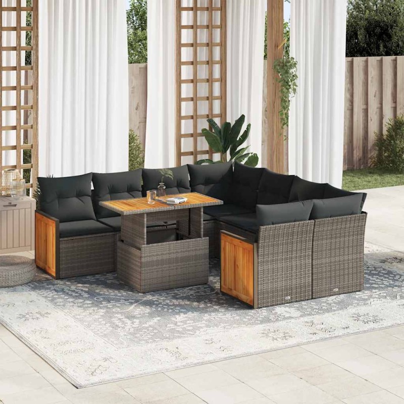 vidaXL Set Divano da Giardino 9pz con Cuscini Grigio Polyrattan Acacia
