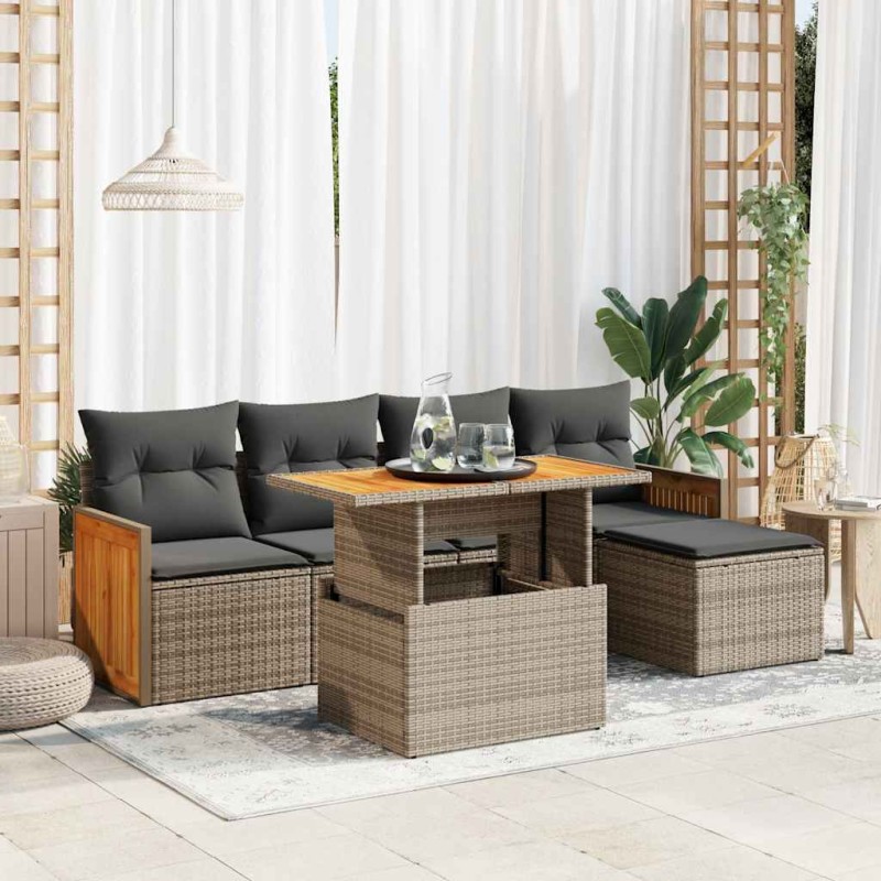 vidaXL Set Divano da Giardino 6pz con Cuscini Grigio Polyrattan Acacia vidaXL Set Divano da Giardino 6pz con Cuscini Grigio Polyrattan Acacia