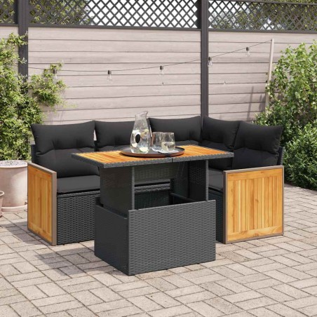 vidaXL Set Divani da Giardino 5 pz con Cuscini Nero Polyrattan Acacia