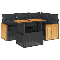 vidaXL Set Divani da Giardino 5 pz con Cuscini Nero Polyrattan Acacia