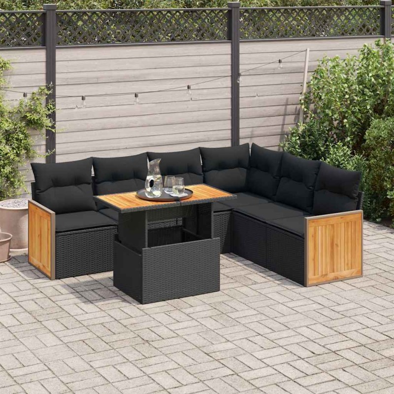 vidaXL Set Divani da Giardino con Cuscini 7pz Nero Polyrattan Acacia vidaXL Set Divani da Giardino con Cuscini 7pz Nero Polyrattan Acacia