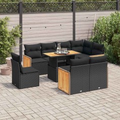 vidaXL Set Divani da Giardino 9 pz con Cuscini Nero Polyrattan Acacia