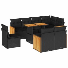 vidaXL Set Divani da Giardino 9 pz con Cuscini Nero Polyrattan Acacia