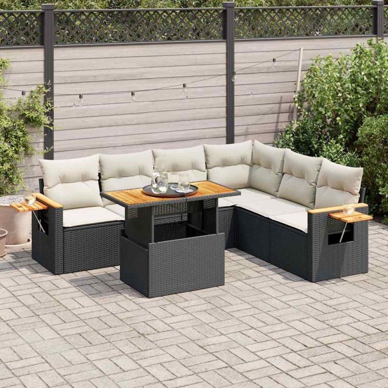 vidaXL Set Divani da Giardino con Cuscini 7pz Nero Polyrattan Acacia vidaXL Set Divani da Giardino con Cuscini 7pz Nero Polyrattan Acacia