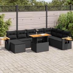 vidaXL Set Divani da Giardino 9 pz con Cuscini Nero Polyrattan Acacia