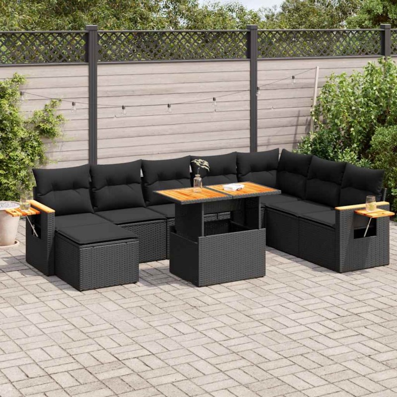 vidaXL Set Divani da Giardino 9 pz con Cuscini Nero Polyrattan Acacia