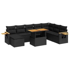 vidaXL Set Divani da Giardino 9 pz con Cuscini Nero Polyrattan Acacia