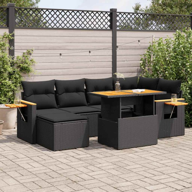 vidaXL Set Divani da Giardino con Cuscini 7pz Nero Polyrattan Acacia