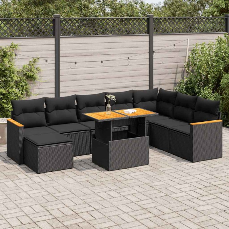vidaXL Set Divani da Giardino 9 pz con Cuscini Nero Polyrattan Acacia vidaXL Set Divani da Giardino 9 pz con Cuscini Nero Polyrattan Acacia