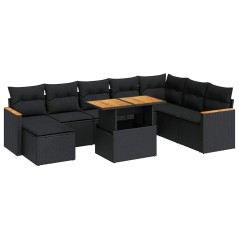 vidaXL Set Divani da Giardino 9 pz con Cuscini Nero Polyrattan Acacia