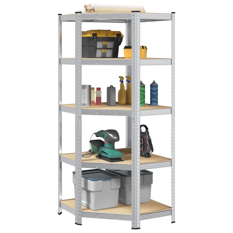 vidaXL Scaffale Angolare 5 Ripiani Argento Acciaio e Legno Multistrato vidaXL Scaffale Angolare 5 Ripiani Argento Acciaio e Legno Multistrato