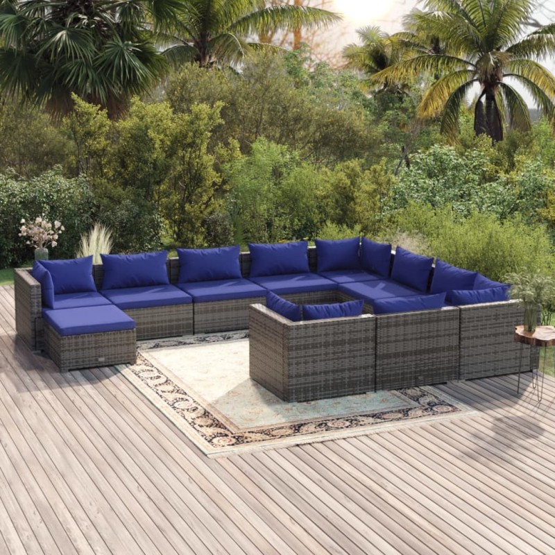 Set Divani da Giardino 11 pz con Cuscini in Polyrattan Grigio Set Divani da Giardino 11 pz con Cuscini in Polyrattan Grigio